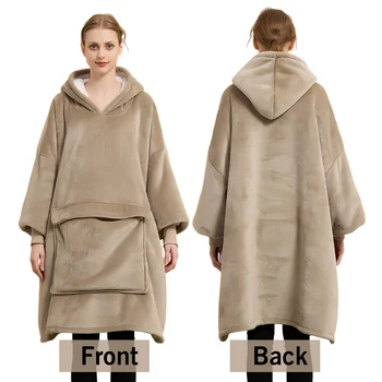 OEM High Quality Oversized Big Plus Size Flannel Sherpa Wearable Hoodie Blanket Sweatshirt Hooded Blanket With Sleeves
