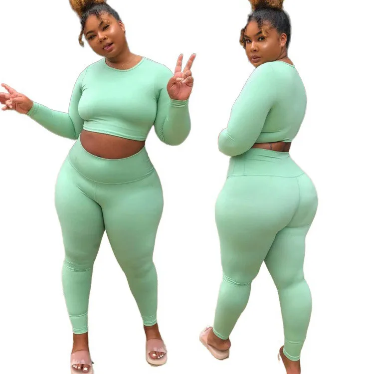 Hot Light Green Long-Sleeve Top High Waist Pants Set Plus Size Sports Yoga Two-Piece Women From m.alibaba.com