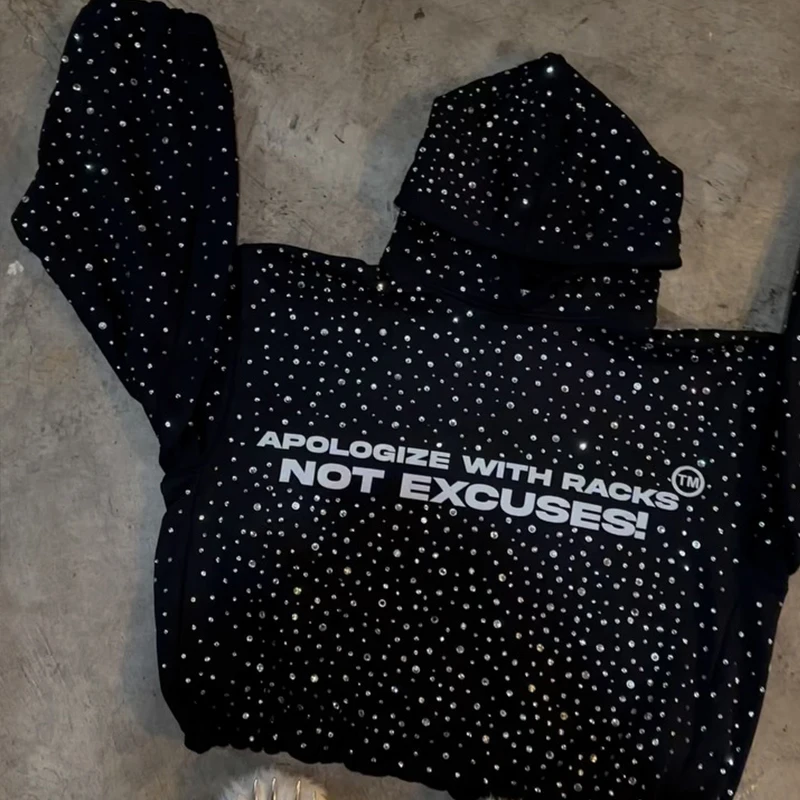 Custom All Over Rhinestone Printing Men's Hoodie with Acid Wash and Letter Graphic High Quality Streetwear Hoodie