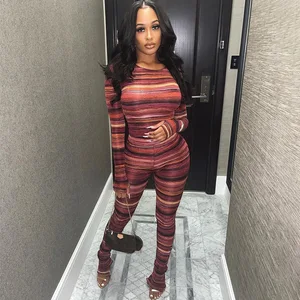 European and American Women's 2022 New Spring Fashion Printed Round Neck Long Sleeved Top Slim and Wide Leg Pants Set