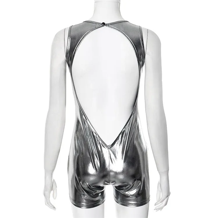 Sexy Metallic Silver Tight Short Jumpsuit for Rave Festivals