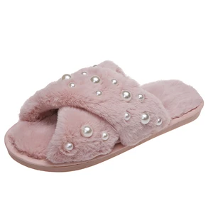 Hot Selling Women's Winter Indoor for Slippers Comfortable Soft Warm Plush Non-Slip Open Toe Anti-Slippery Cute Fur Pearl Blink