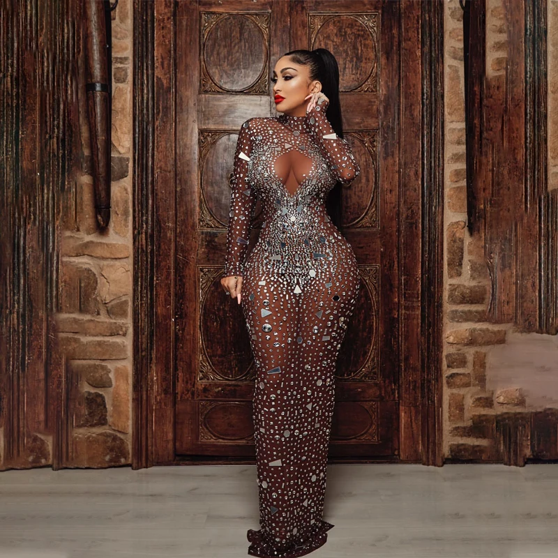 NOVANCE Y1995-B High End Clothing Sparkly Crystal Handmade Diamond Dress  Lady Long Dress With Long Sleeve for Wedding Stage Show