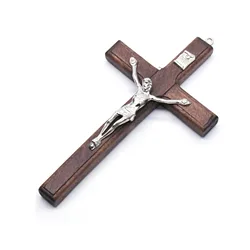 Silver Plated Odm Big Wood Cross Brown Church Wall Hanging Home Decoration Pray Alloy Crucifix