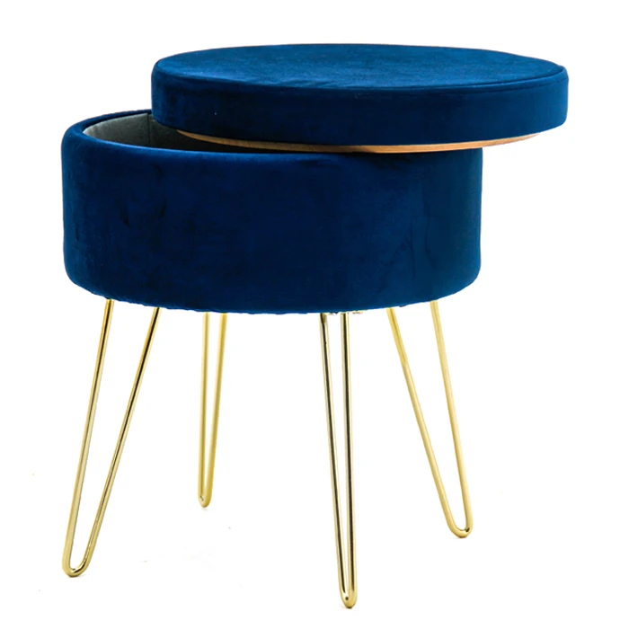 HStex Furniture Living Room Modern French Foldable Metal Stool Puff Navy Blue Ottoman Storage Velvet
