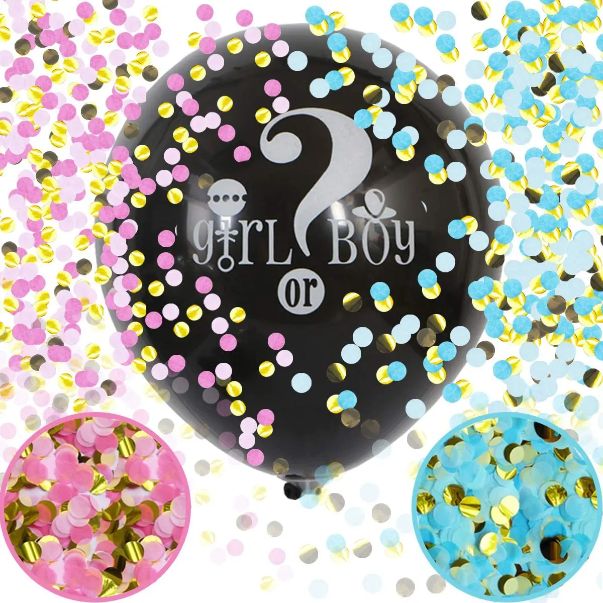 Gender Reveal Confetti Balloon Big Black Balloons with Pink and Blue Heart Shape Confetti Packs for Boy or Girl