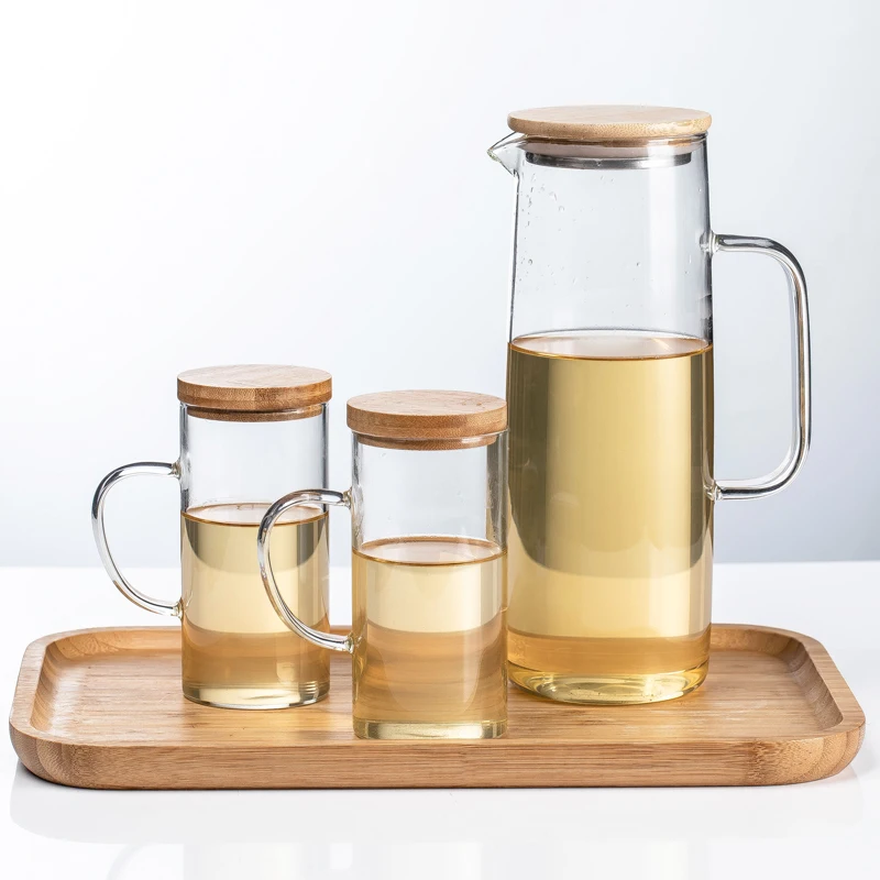 1000ml 1300ml Glass Water Pitcher Round High Borosilicate Glass Pitcher Set with Bamboo Wooden Lid Glass Water Pitcher