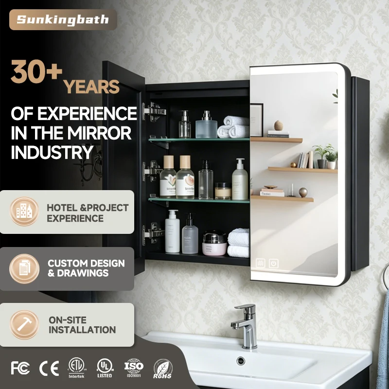 Newest Modern Rectangular Led Medicine Cabinet LED Bathroom Mirror Cabinet with Motion Sensor Illuminated and Graphic Design