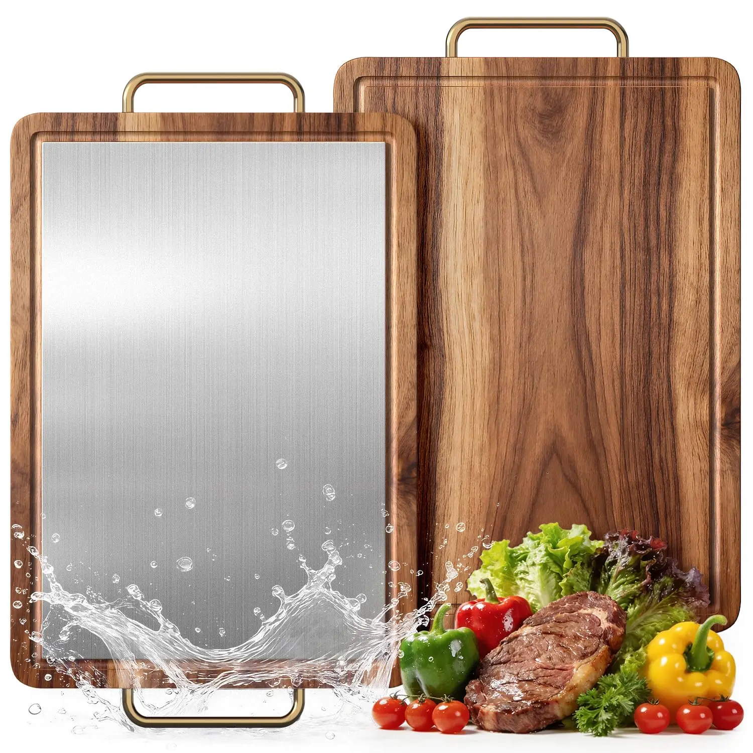 Custom Double Sided Acacia Wood Cutting Board with Stainless Steel Kitchen Chopping Block with Juice Groove Handle