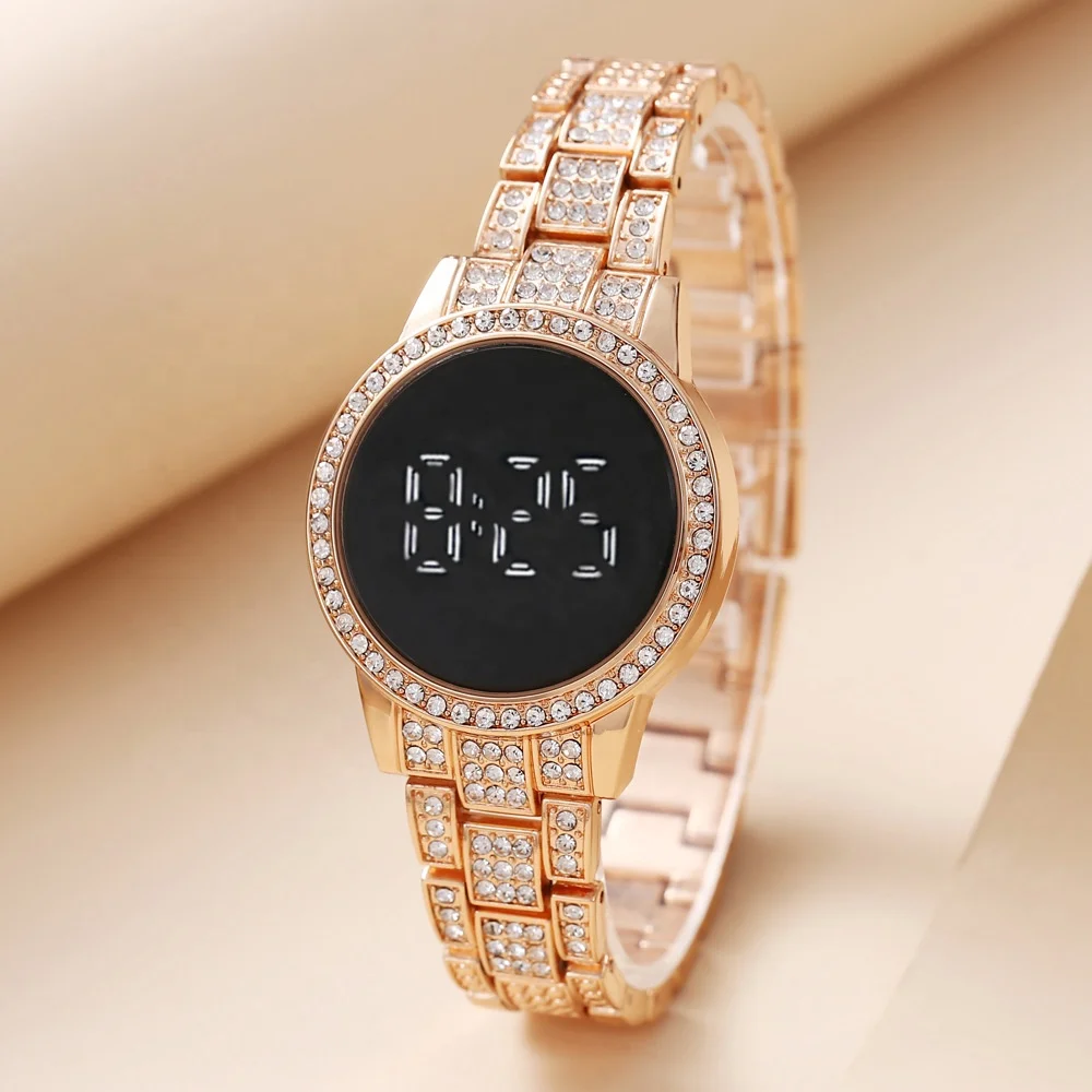 Montre fantaisie à écran tactile numérique Led pour fille, ensemble cadeau  pour dames en or, ensemble montre et Bracelet en diamant pour femmes