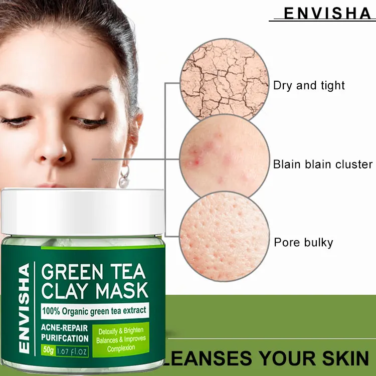 Envisha Beauty Free Designed Private Label Peel Off Clay Mud Mask Cleansing Anti Acne Organic Green Tea Facial Mask