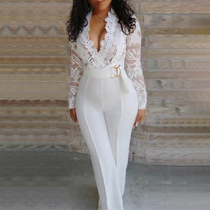Fashion Hot Sale Women's Deep V Neck Lace Cut Jumpsuit Plus Size Long Sleeve Sexy Autumn Jumpsuit