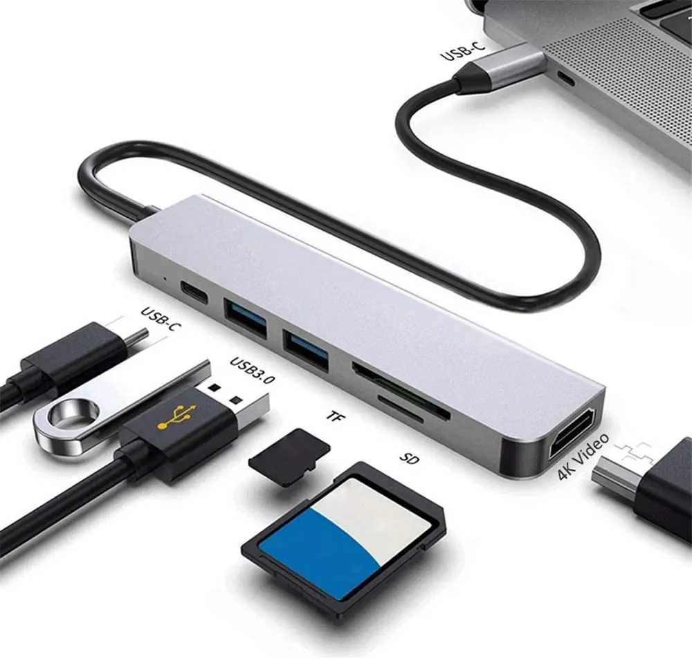 6 in 1 Type C USB C Hub 3.0 to HDMI Adapter 4K Video USB3.0 SD/TF Card Reader For PC Laptops