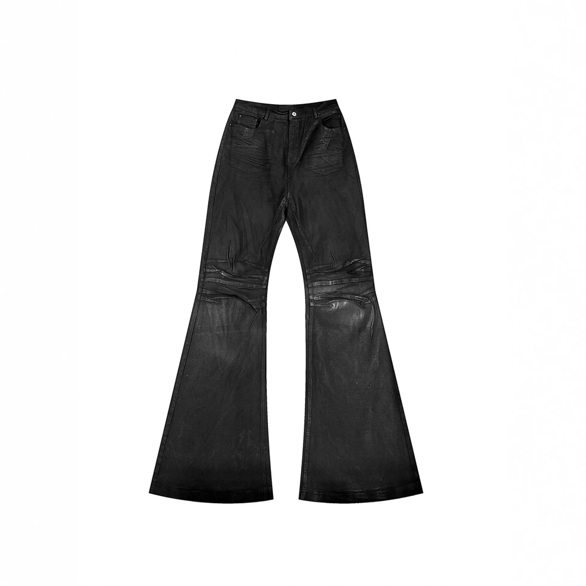 American High Street Vibe Style Niche Handmade Washed Denim Brushed Wax Coating Slim Flared Stretchy Straight Trousers Men