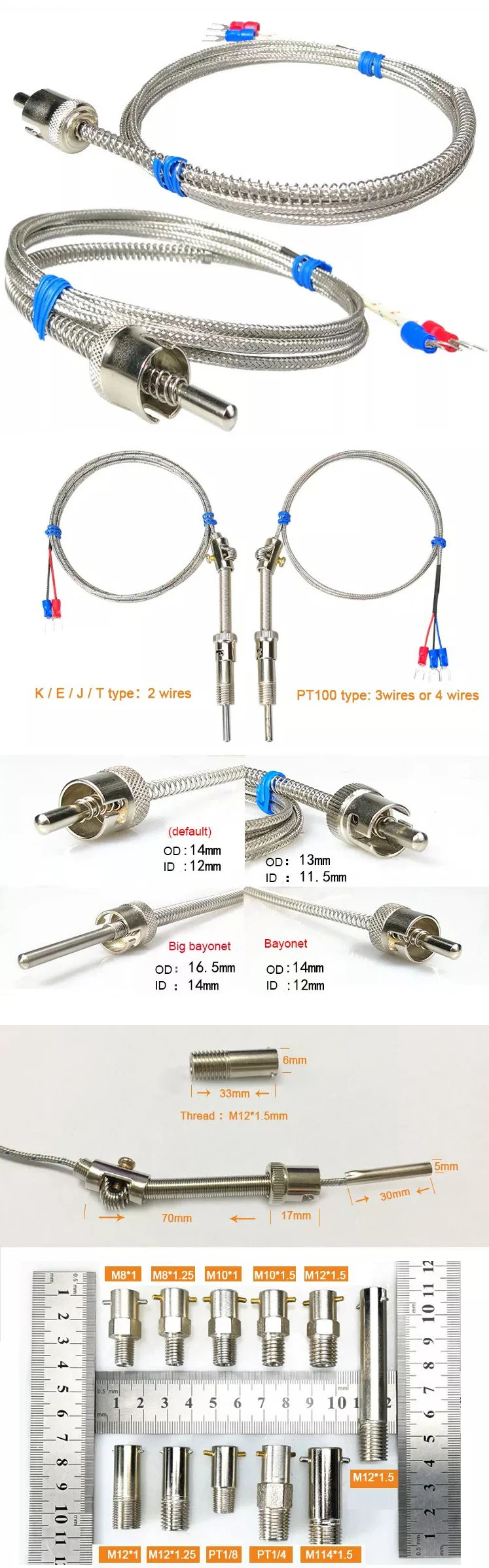High Quality 3wire Rtd Pt100 Thermocouple For 300c 600c M6 Screw Type
