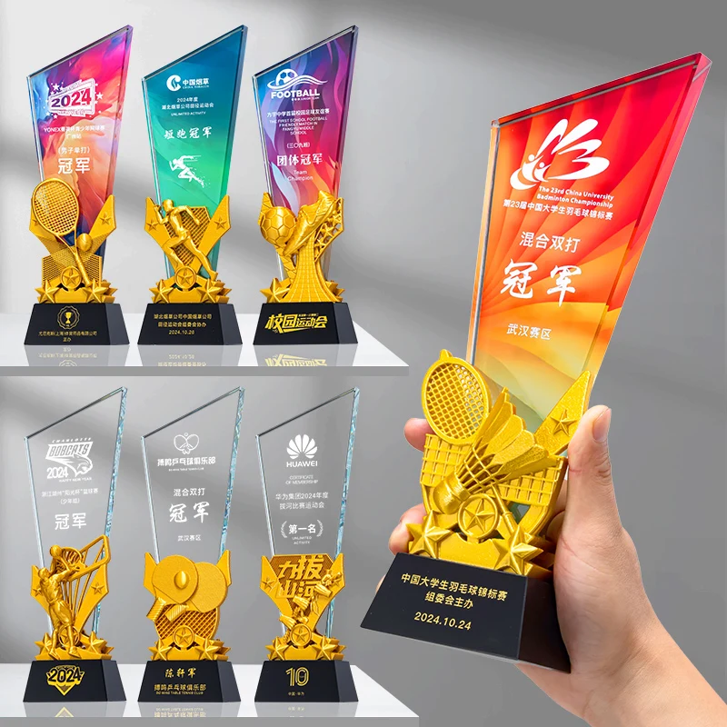 Hot Sale Custom Logo Sports Badminton Soccer Basketball Crystal Glass Resin Trophy Award Figurine Painted Technique factory