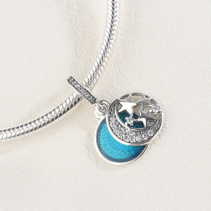 Blue Moon Star Beads Silver Charm Cz 
