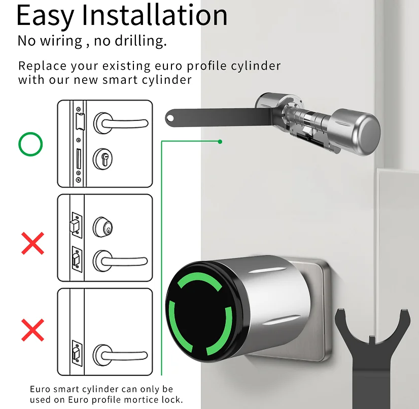 2025 Digital Smart NFC App Mortise Lock Cylinder Keyless Door Lock with IP67 Waterproof