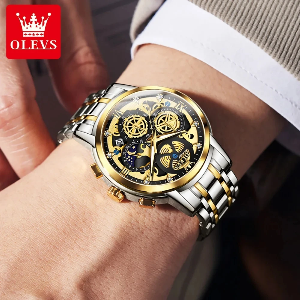 OLEVS marca 9947 reloj de cuarzo para Hombre relojes de acero inoxidable de  lujo impermeable multifuncional esqueleto dorado Reloj Hombre