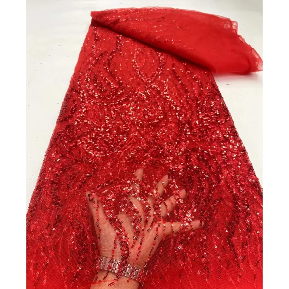 Wholesale Price Red Beaded Lace Fabric Luxury Beaded Tulle Fabric