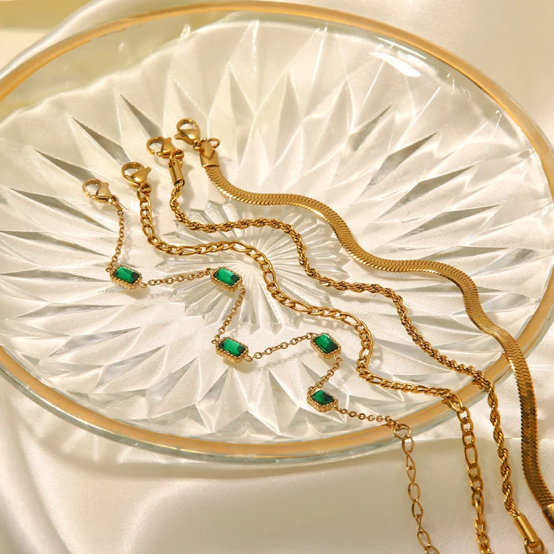 New Trend Green Zircon Bracelet 18k Pvd Gold Plated Stainless Steel