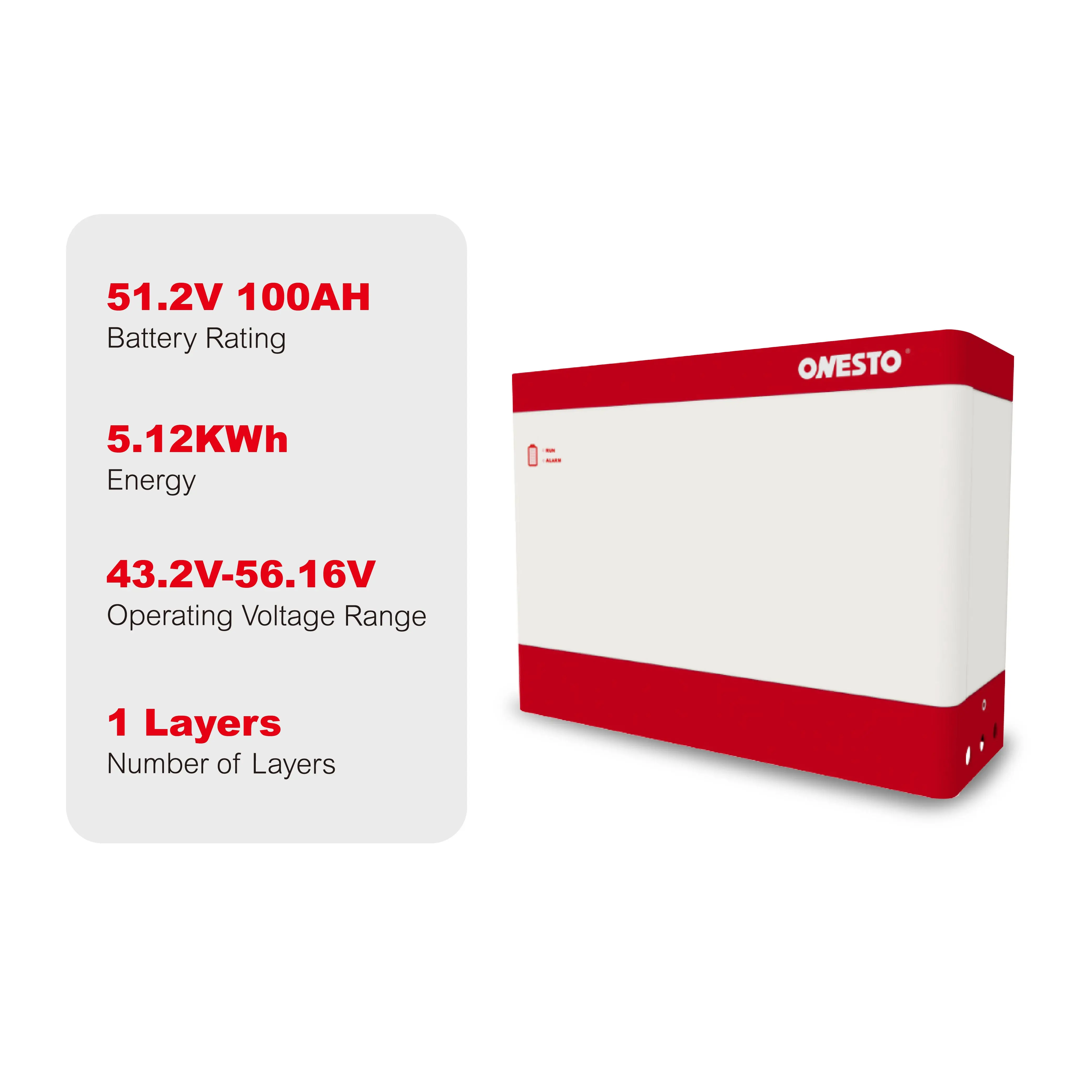 Onesto Stacked Lithium Battery 50V 100Ah 200Ah 300Ah Solar Energy System with LFP Battery Cells