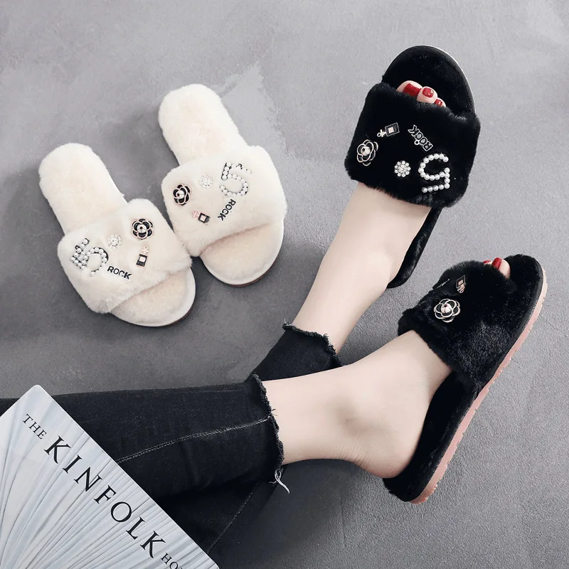 Mocassins Femme Fourrure Avec Strass - Chaussons Plates Gris Pour Hiver - Neuf Sans Boîte