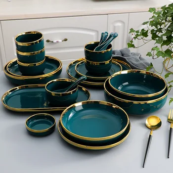 Manufacturer custom nordic green black pink white tableware ceramic dinner tableware set restaurant home porcelain dinner set
