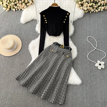 Fall Casual 2 Piece Set For Women Top And High Waist Plaid Hand-Painted Slim Knitted Skirts Set Clothing Wholesale