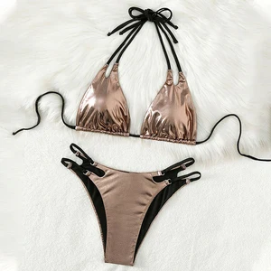 2023 New Sexy PU Leather Swimsuit Female Push up Swimwear Ladies Halter Thong Bathing Suit Women Extreme Micro Bikini Set