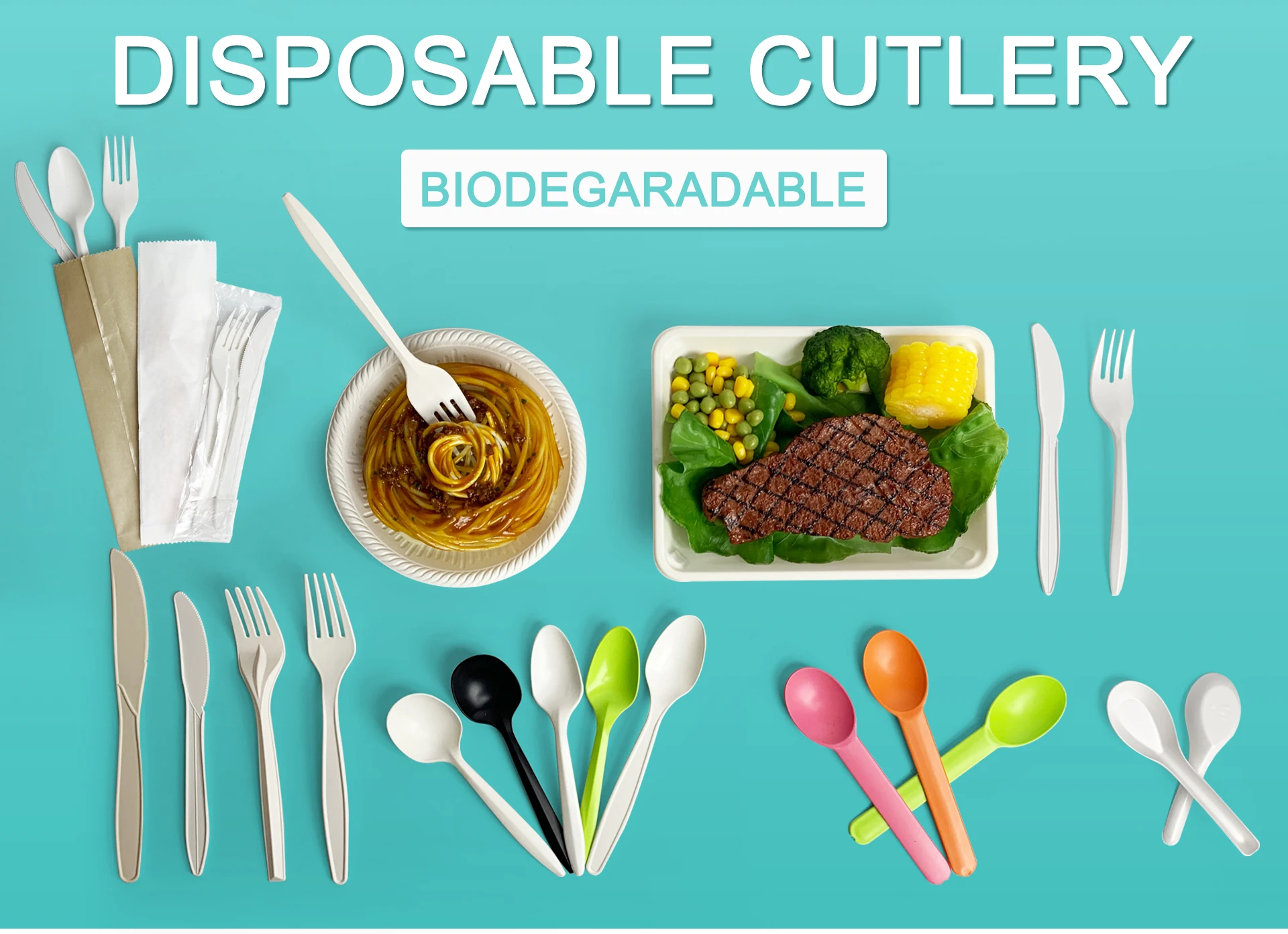 Custom Logo Corn Starch Cutlery Plastic Utensils Disposable Cutlery Eco Compostable Biodegradable Knife Forks Spoons Napkins Set