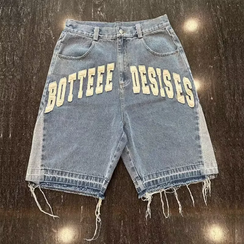 Wholesale Customized Men's Y2K Denim Shorts Distressed Embroidered