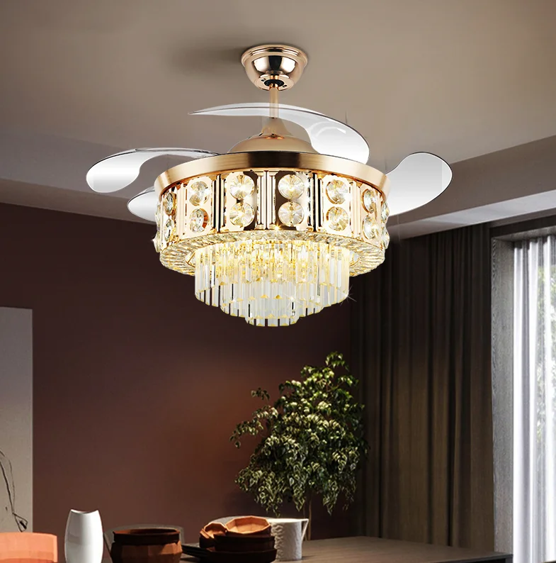 42 inch Crystal Chandelier Ceiling Fan with Light and Remote Control/Silent Retractable Blades Fans Lighting with 3 Lights Leve