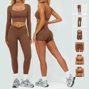 Roregal Brushed Casual Gym Active Wear Clothing Long Sleeve Crop Top Scrunch Butt Lift Legging Set