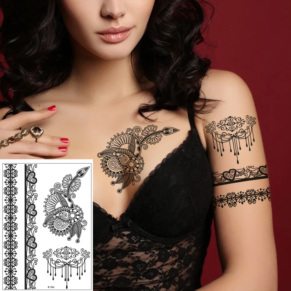 Custom Printed Lotus Flower Design Sexy Black Henna Mehndi Temporary Tattoos for Arm Neck Chest Paper Material for Women Men