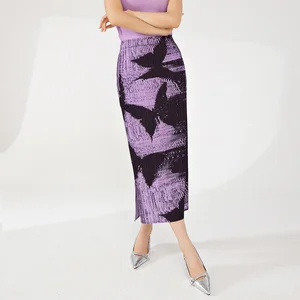 Miyake Women's Vintage-Style Pleated A-Line Skirt Elegant Stretch Printed Breathable Natural Waistline Fashion Long Skirt