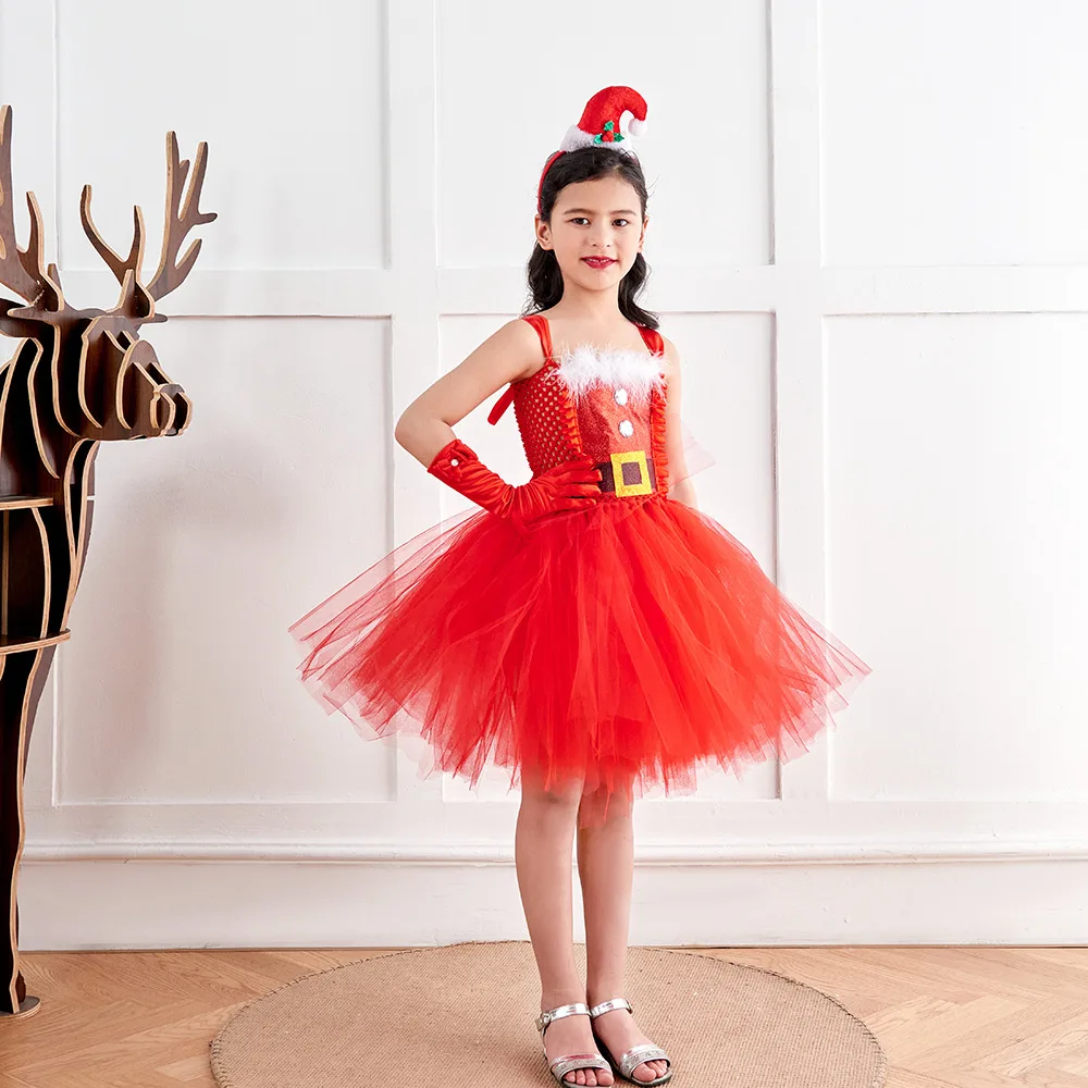 2024 Hot Sale Kids Holiday Party Tutu Dress With Headwear Girls Santa Claus  Clothes Children Christmas Red Dress