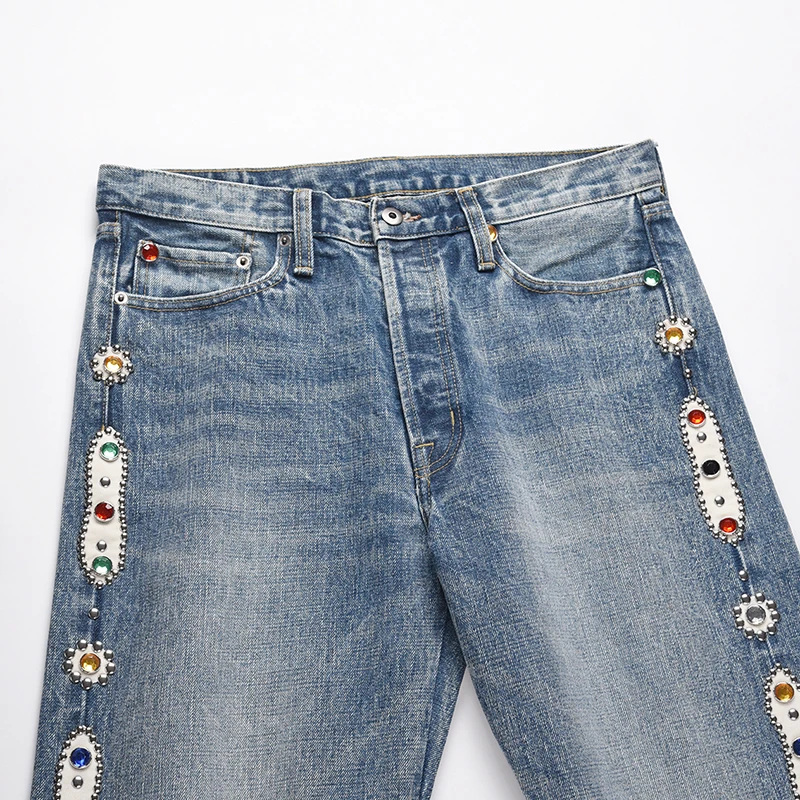 DiZNEW Rhinestone Jeans Fashion Small Size China Factory Stone Nice Quick Bule Drilling Rainbow Cloth Jewel Pants factory