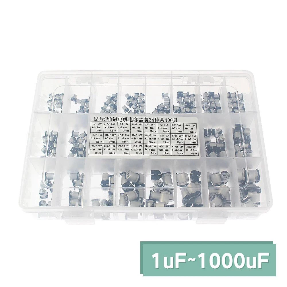 400PCS SMD Aluminum Electrolytic Capacitor 6.3V 10V 16V 25V 35V 50V 1uF 4.7uF 10uF 47uF 100uF 220uF 330uF 470uF Capacitors Kit
