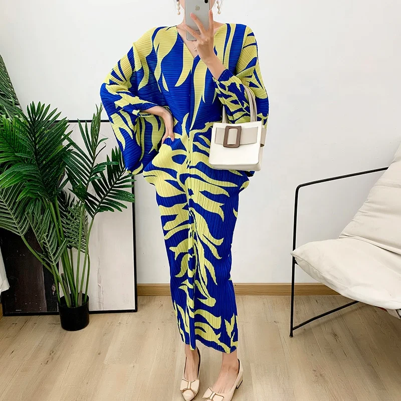 Cobalt tropical print batwing sleeve split leg maxi clearance dress