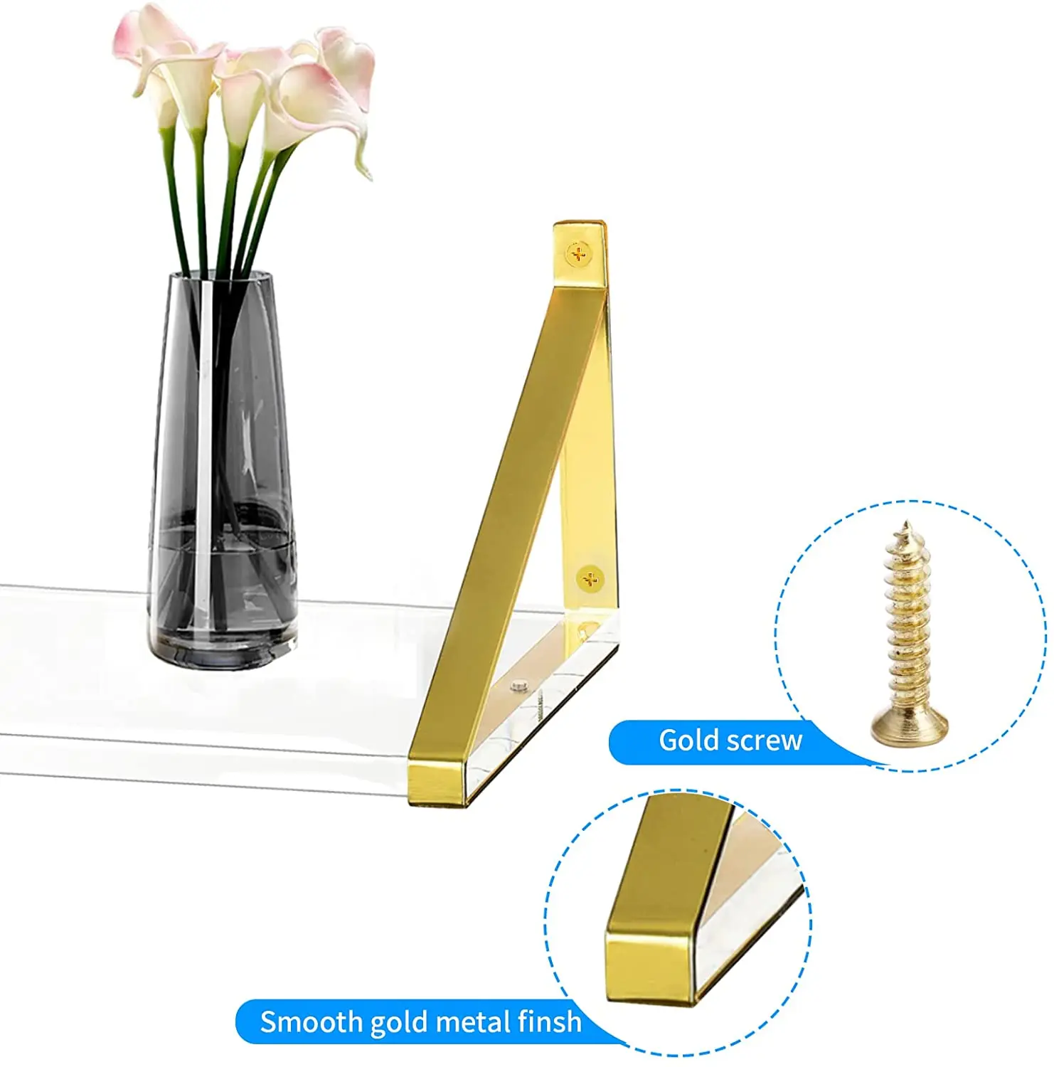 Yageli Factory Manufacture Clear Gold Thick Acrylic Wall Shelf Command