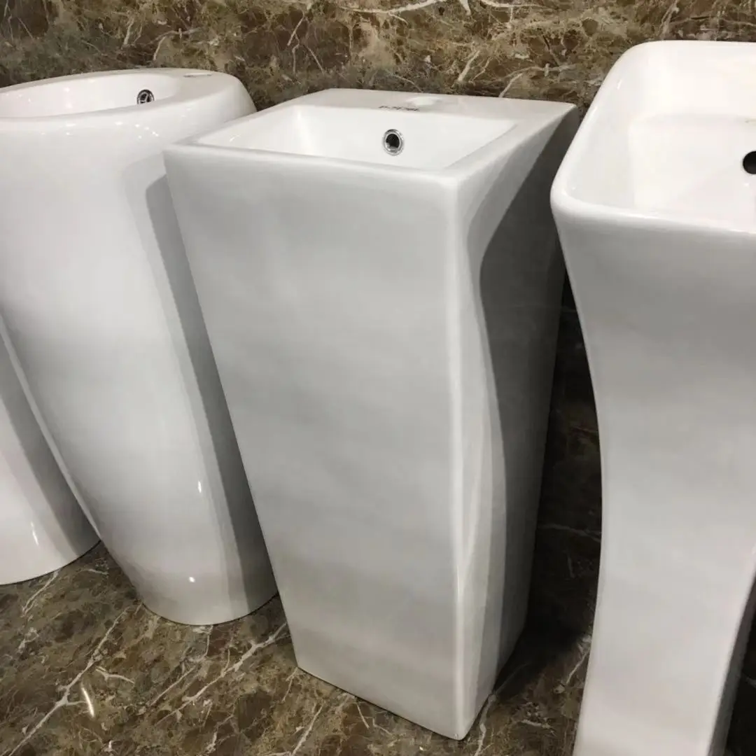 Small Square Ceramic One Piece Full Pedestal Basin Sink For Office Building