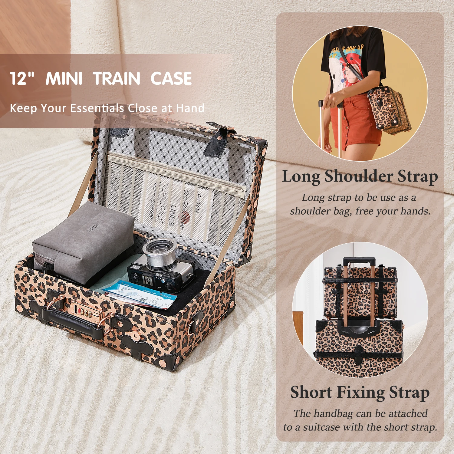 UNIWALKER FACTORY Vintage Suitcase Set with TSA Lock, ODM OEM Handmade Faux Leather Leopard Spinner Trunk Luggage for Women