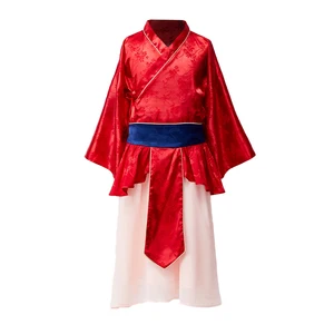 Girls Chinese Hanfu Mulan Princess Costume Red Top Beige Skirt Floral Pattern Umbrella Accessory Customized Color for Cultural