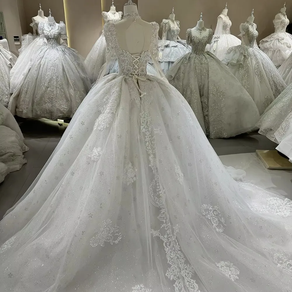 2025 Customize Luxury Arabic Princess High Neck Long Sleeve Ball Gown  Wedding Dress Plus Size Modest Elegant Lace Bridal Gown