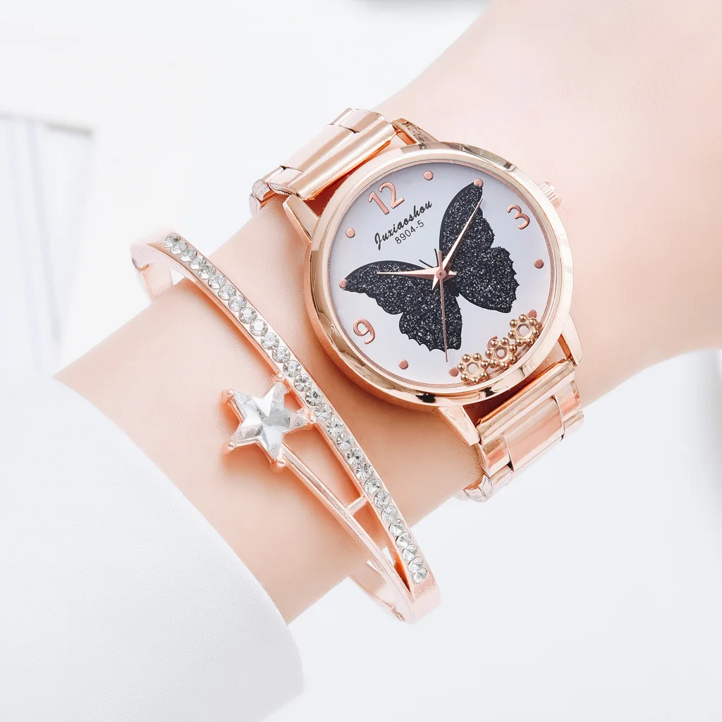Simple Butterfly Dial Flowing Flower Steel Band Quartz Watches