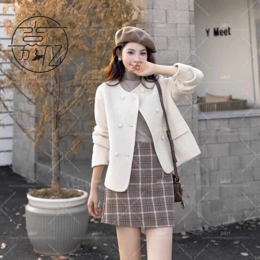Vintage High-End Wool Coat Double-Sided Long Fall/Winter Casual Small Lapels Double-breasted Sheep Fur Decoration
