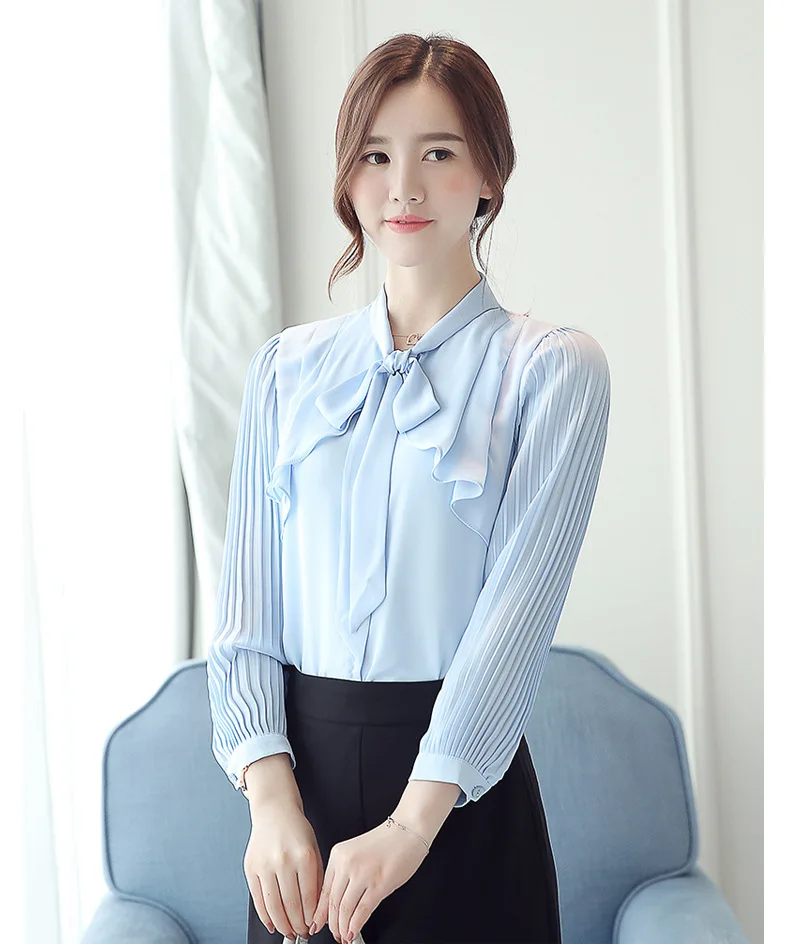 Latest Design Fashion Elegant Korean Bowknot Office Chiffon Shirt Solid ...