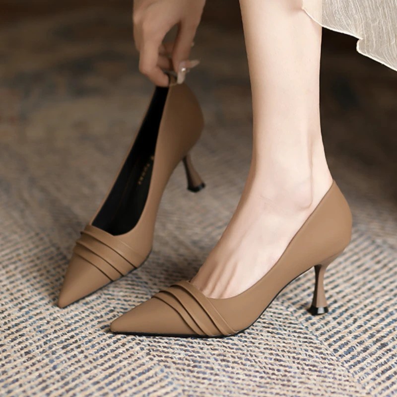 Brown Color Female Office Shoes Pumps 2025 Sexy 7CM High Low Heels for Women