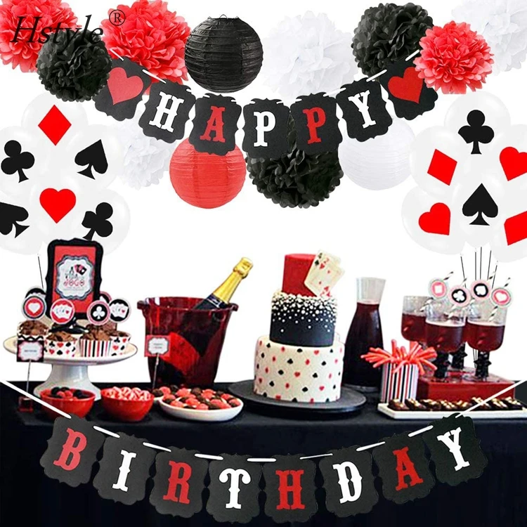 Casino Theme Party Decorations - Las Vegas Casino Night Birthday Party  Supplies Red Black Balloons Garland Kit Poker Happy Birthday Photo Backdrop  for